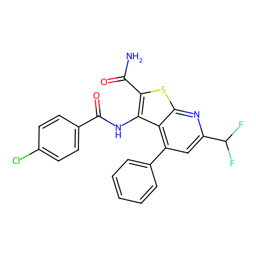 3-[(4-chlorobenzoyl)amino]-6-(difluoromethyl)-4-phenylthieno[2,3-b]pyridine-2-carboxamide structure