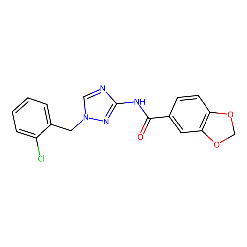 N-[1-[(2-chlorophenyl)methyl]-1,2,4-triazol-3-yl]-1,3-benzodioxole-5-carboxamide structure