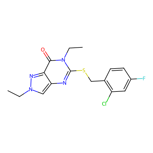 5-[(2-chloro-4-fluorophenyl)methylsulfanyl]-2,6-diethylpyrazolo[4,3-d]pyrimidin-7-one structure