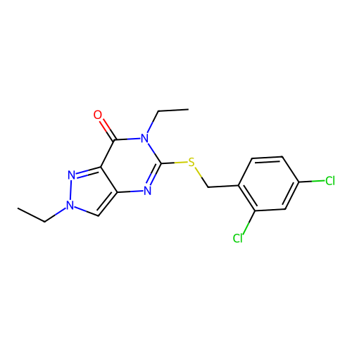 5-[(2,4-Dichlorophenyl)methylsulfanyl]-2,6-diethylpyrazolo[4,3-d]pyrimidin-7-one structure