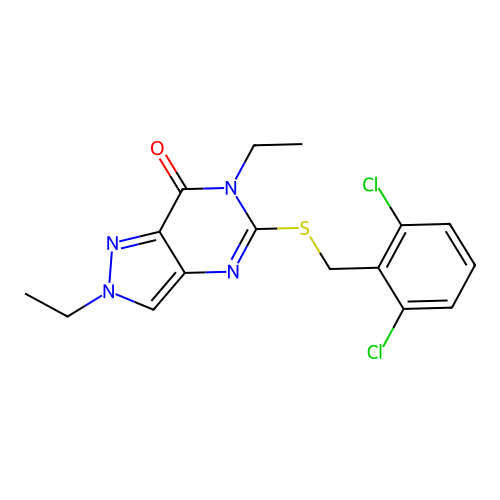 5-[(2,6-Dichlorophenyl)methylsulfanyl]-2,6-diethylpyrazolo[4,3-d]pyrimidin-7-one structure