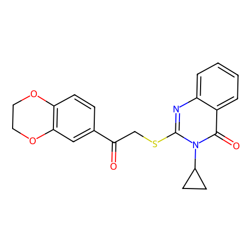 3-cyclopropyl-2-[2-(2,3-dihydro-1,4-benzodioxin-6-yl)-2-oxoethyl]sulfanylquinazolin-4-one structure