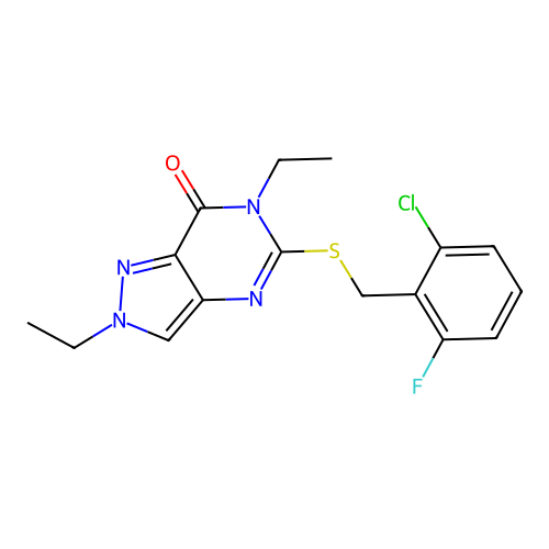 5-[(2-chloro-6-fluorophenyl)methylsulfanyl]-2,6-diethylpyrazolo[4,3-d]pyrimidin-7-one structure