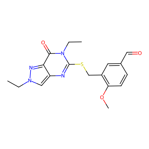 3-[(2,6-diethyl-7-oxopyrazolo[4,3-d]pyrimidin-5-yl)sulfanylmethyl]-4-methoxybenzaldehyde structure