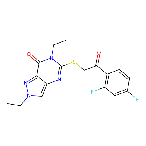 5-[2-(2,4-difluorophenyl)-2-oxoethyl]sulfanyl-2,6-diethylpyrazolo[4,3-d]pyrimidin-7-one structure