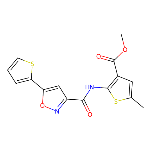 methyl 5-methyl-2-(5-(thiophen-2-yl)isoxazole-3-carboxamido)thiophene-3-carboxylate structure