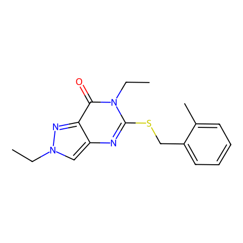 2,6-Diethyl-5-[(2-methylphenyl)methylsulfanyl]pyrazolo[4,3-d]pyrimidin-7-one structure