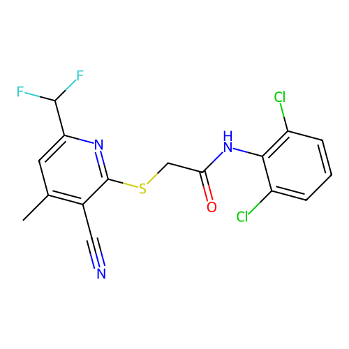2-[3-cyano-6-(difluoromethyl)-4-methylpyridin-2-yl]sulfanyl-N-(2,6-dichlorophenyl)acetamide structure