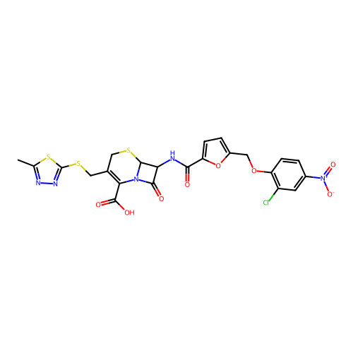 7-(5-((2-chloro-4-nitrophenoxy)methyl)furan-2-carboxamido)-3-(((5-methyl-1,3,4-thiadiazol-2-yl)thio)methyl)-8-oxo-5-thia-1-azabicyclo[4.2.0]oct-2-ene-2-carboxylic acid structure