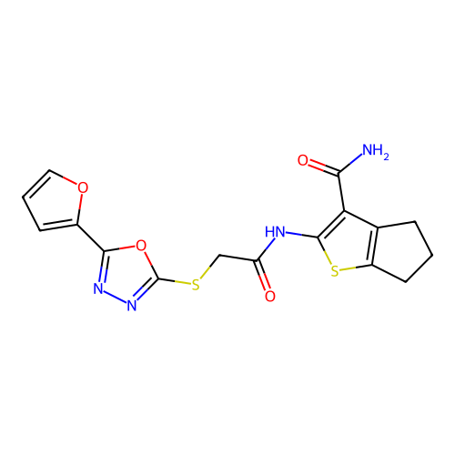 2-[[2-[[5-(furan-2-yl)-1,3,4-oxadiazol-2-yl]sulfanyl]acetyl]amino]-5,6-dihydro-4H-cyclopenta[b]thiophene-3-carboxamide structure
