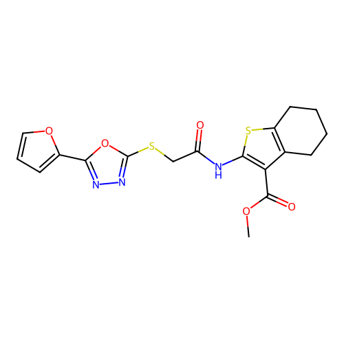 methyl 2-(2-((5-(furan-2-yl)-1,3,4-oxadiazol-2-yl)thio)acetamido)-4,5,6,7-tetrahydrobenzo[b]thiophene-3-carboxylate structure
