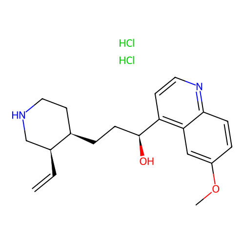 3-(3(R)-Ethenyl-4(R)-piperidyl)-1-(6-methoxy-4-quinolyl)-1(S)-propanol dihydrochloride structure