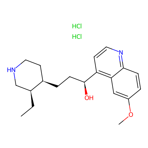 3-(3(R)-Ethyl-4(R)-piperidyl)-1-(6-methoxy-4-quinolyl)-1(S)-propanol dihydrochloride structure