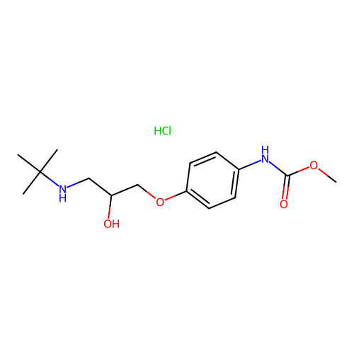 Carbamic acid, (4-(3-((1,1-dimethylethyl)amino)-2-hydroxypropoxy)phenyl)-, methyl ester, monohydrochloride structure