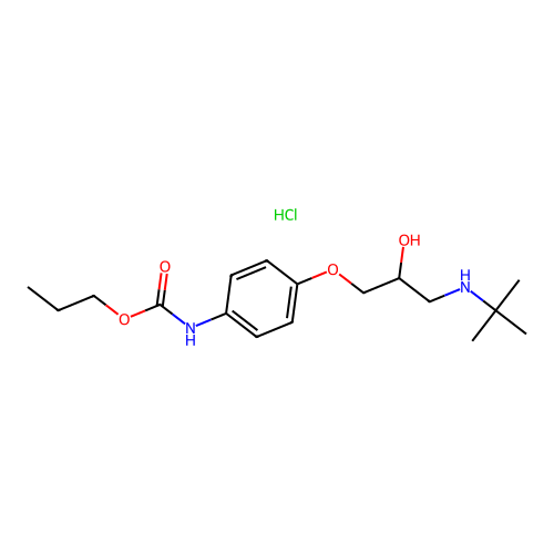 Carbamic acid, (4-(3-((1,1-dimethylethyl)amino)-2-hydroxypropoxy)phenyl)-, propyl ester, monohydrochloride structure