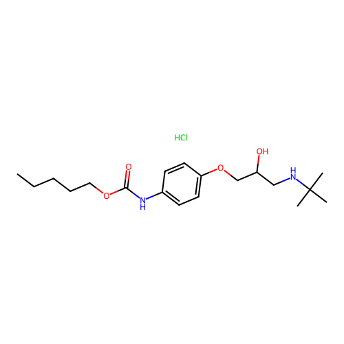 Carbamic acid, (4-(3-((1,1-dimethylethyl)amino)-2-hydroxypropoxy)phenyl)-, pentyl ester, monohydrochloride structure