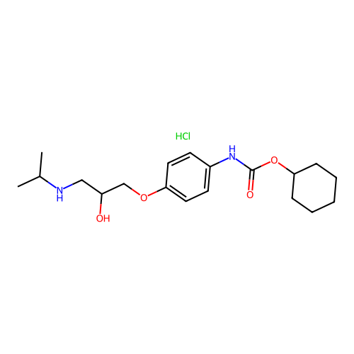 Carbamic acid, (4-(2-hydroxy-3-((1-methylethyl)amino)propoxy)phenyl)-, cyclohexyl ester, monohydrochloride structure