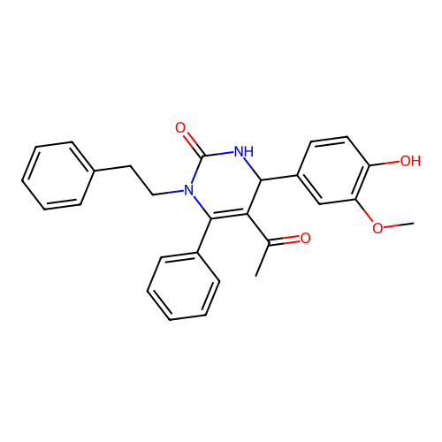 5-acetyl-6-(4-hydroxy-3-methoxyphenyl)-3-phenethyl-4-phenyl-1,6-dihydropyrimidin-2-one structure
