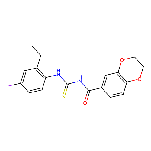 N-[(2-ethyl-4-iodophenyl)carbamothioyl]-2,3-dihydro-1,4-benzodioxine-6-carboxamide structure