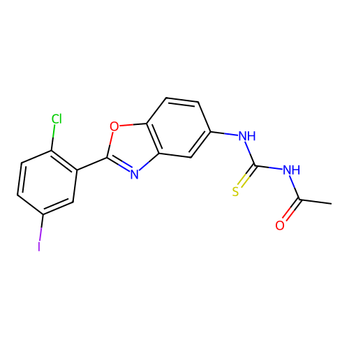 N-[[2-(2-chloro-5-iodophenyl)-1,3-benzoxazol-5-yl]carbamothioyl]acetamide structure