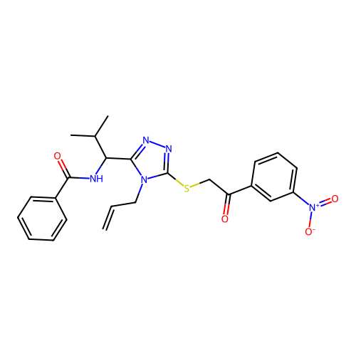 N-[2-methyl-1-[5-[2-(3-nitrophenyl)-2-oxoethyl]sulfanyl-4-prop-2-enyl-1,2,4-triazol-3-yl]propyl]benzamide structure