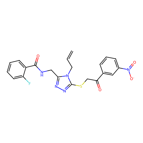 2-fluoro-N-[[5-[2-(3-nitrophenyl)-2-oxoethyl]sulfanyl-4-prop-2-enyl-1,2,4-triazol-3-yl]methyl]benzamide structure