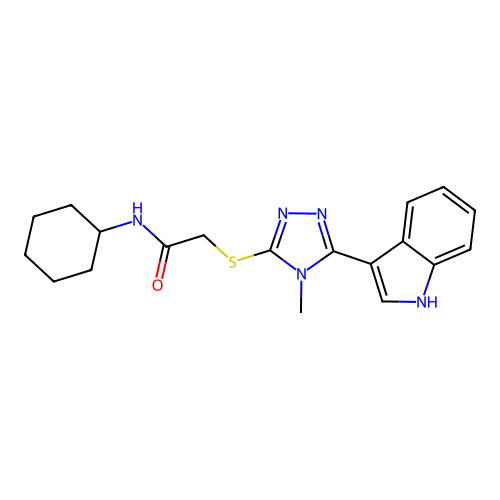 2-((5-(1H-indol-3-yl)-4-methyl-4H-1,2,4-triazol-3-yl)thio)-N-cyclohexylacetamide structure