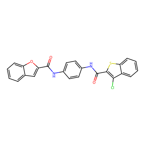 N-[4-[(3-chloro-1-benzothiophene-2-carbonyl)amino]phenyl]-1-benzofuran-2-carboxamide structure