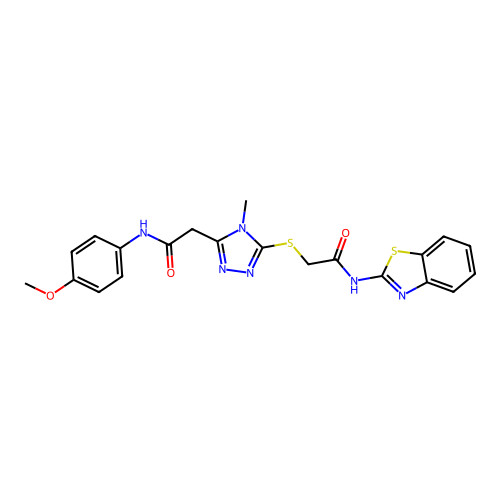 2-(5-{[2-(1,3-benzothiazol-2-ylamino)-2-oxoethyl]sulfanyl}-4-methyl-4H-1,2,4-triazol-3-yl)-N-(4-methoxyphenyl)acetamide structure