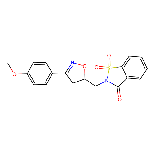 2-[[3-(4-methoxyphenyl)-4,5-dihydro-1,2-oxazol-5-yl]methyl]-1,1-dioxo-1,2-benzothiazol-3-one structure