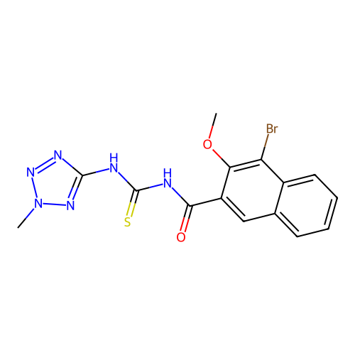 4-bromo-3-methoxy-N-((2-methyl-2H-tetrazol-5-yl)carbamothioyl)-2-naphthamide structure