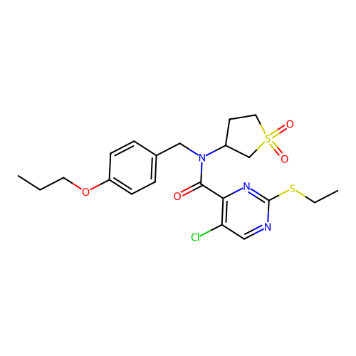5-chloro-N-(1,1-dioxidotetrahydrothiophen-3-yl)-2-(ethylsulfanyl)-N-(4-propoxybenzyl)pyrimidine-4-carboxamide structure