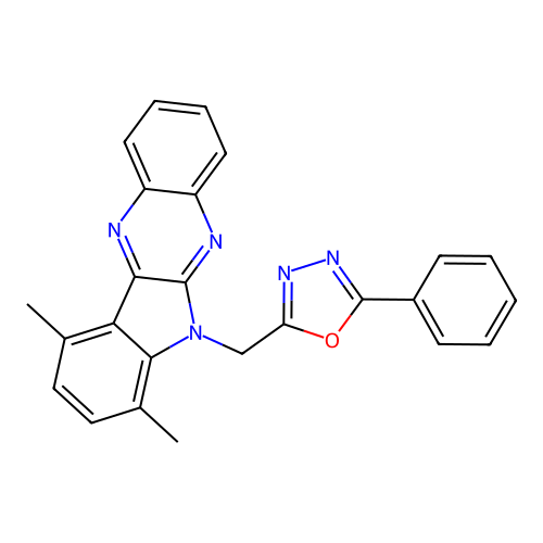 7,10-dimethyl-6-[(5-phenyl-1,3,4-oxadiazol-2-yl)methyl]-6H-indolo[2,3-b]quinoxaline structure