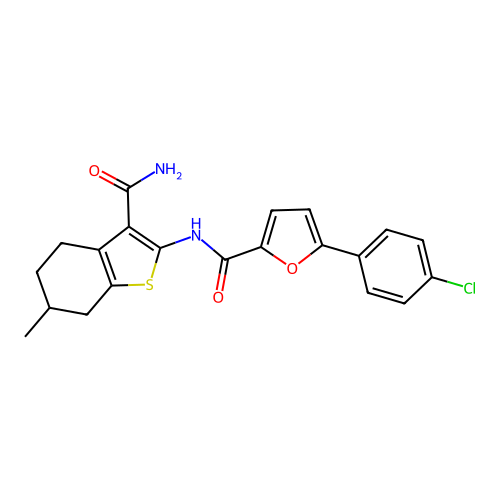 N-(3-carbamoyl-6-methyl-4,5,6,7-tetrahydro-1-benzothiophen-2-yl)-5-(4-chlorophenyl)furan-2-carboxamide structure