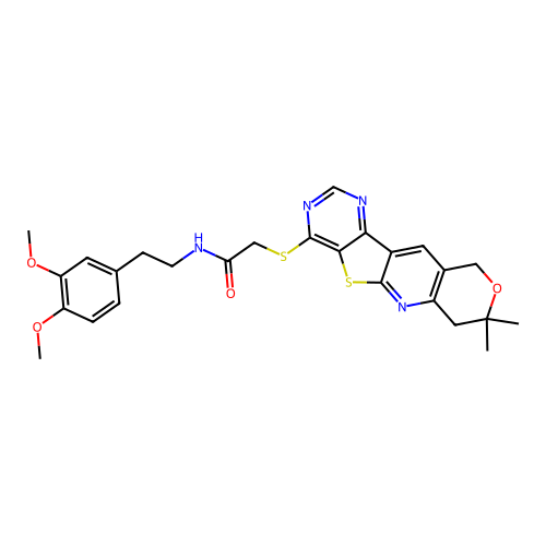 N-(3,4-dimethoxyphenethyl)-2-((8,8-dimethyl-8,10-dihydro-7H-pyrano[3'',4'':5',6']pyrido[3',2':4,5]thieno[3,2-d]pyrimidin-4-yl)thio)acetamide structure