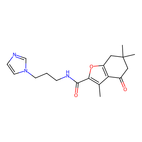 N-[3-(1H-imidazol-1-yl)propyl]-3,6,6-trimethyl-4-oxo-4,5,6,7-tetrahydro-1-benzofuran-2-carboxamide structure