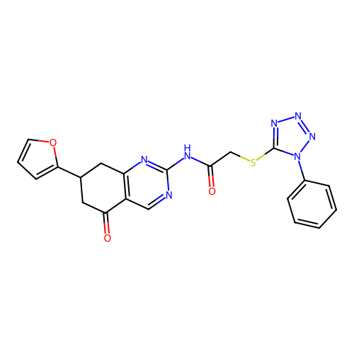 N-[7-(furan-2-yl)-5-oxo-5,6,7,8-tetrahydroquinazolin-2-yl]-2-[(1-phenyl-1H-tetrazol-5-yl)sulfanyl]acetamide structure
