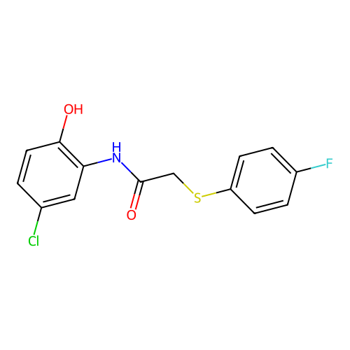 N-(5-chloro-2-hydroxyphenyl)-2-(4-fluorophenyl)sulfanylacetamide structure