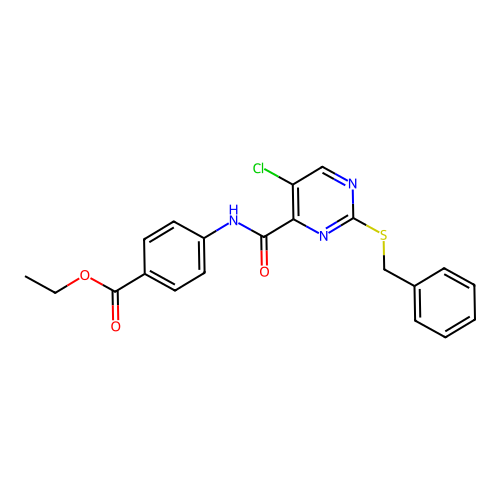Ethyl 4-({[2-(benzylsulfanyl)-5-chloropyrimidin-4-yl]carbonyl}amino)benzoate structure