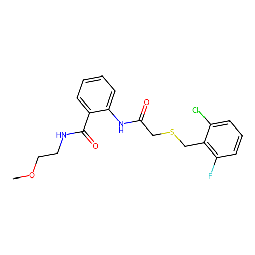 2-[[2-[(2-chloro-6-fluorophenyl)methylsulfanyl]acetyl]amino]-N-(2-methoxyethyl)benzamide structure