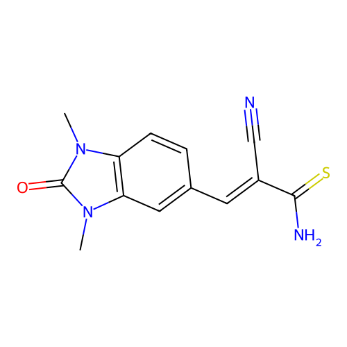 (2E)-2-cyano-3-(1,3-dimethyl-2-oxo-2,3-dihydro-1H-benzimidazol-5-yl)prop-2-enethioamide structure