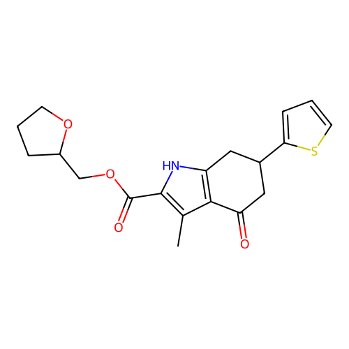 tetrahydrofuran-2-ylmethyl 3-methyl-4-oxo-6-(thiophen-2-yl)-4,5,6,7-tetrahydro-1H-indole-2-carboxylate structure