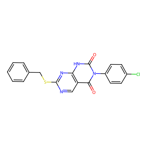 2-benzylsulfanyl-6-(4-chlorophenyl)-8H-pyrimido[4,5-d]pyrimidine-5,7-dione structure