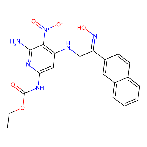 Ethyl (6-amino-4-{[(2Z)-2-(hydroxyimino)-2-(naphthalen-2-yl)ethyl]amino}-5-nitropyridin-2-yl)carbamate structure