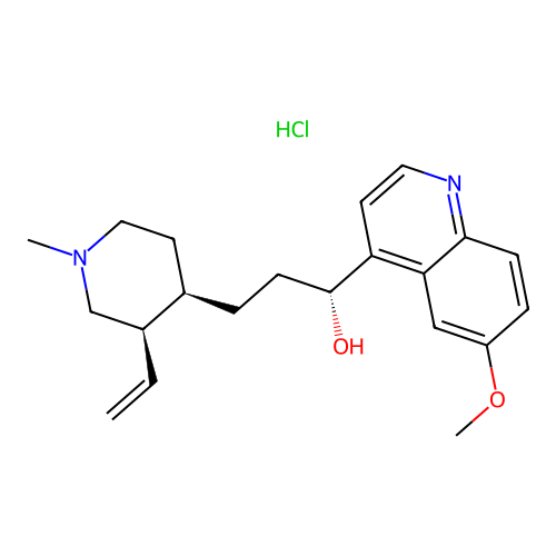 3-(3(R)-Ethenyl-1-methyl-4(R)-piperidyl)-1-(6-methoxy-4-quinolyl)-1(S)-propanol HCl structure