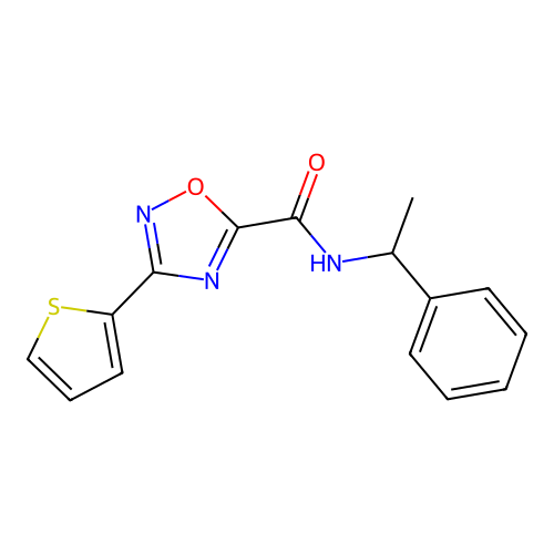 N-(1-phenylethyl)-3-thiophen-2-yl-1,2,4-oxadiazole-5-carboxamide structure