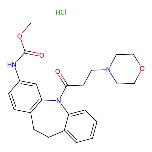 Carbamic acid, (10,11-dihydro-5-(3-(4-morpholinyl)-1-oxopropyl)-5H-dibenz(b,f)azepin-3-yl)-, methyl ester, monohydrochloride structure