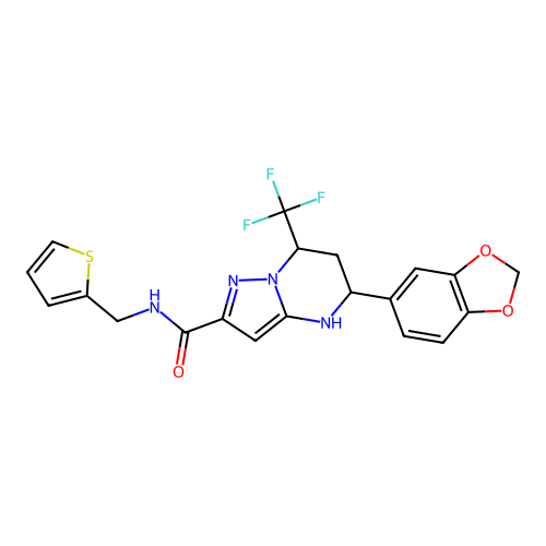 5-(benzo[d][1,3]dioxol-5-yl)-N-(thiophen-2-ylmethyl)-7-(trifluoromethyl)-4,5,6,7-tetrahydropyrazolo[1,5-a]pyrimidine-2-carboxamide structure