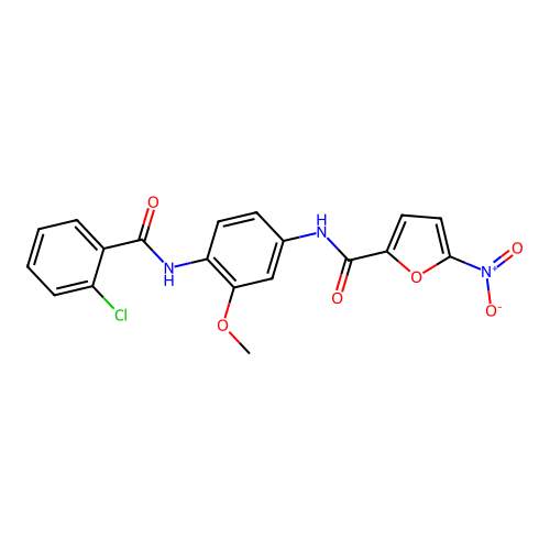 N-[4-[(2-chlorobenzoyl)amino]-3-methoxyphenyl]-5-nitrofuran-2-carboxamide structure