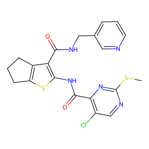 5-chloro-2-(methylsulfanyl)-N-(3-{[(pyridin-3-yl)methyl]carbamoyl}-4H,5H,6H-cyclopenta[b]thiophen-2-yl)pyrimidine-4-carboxamide structure